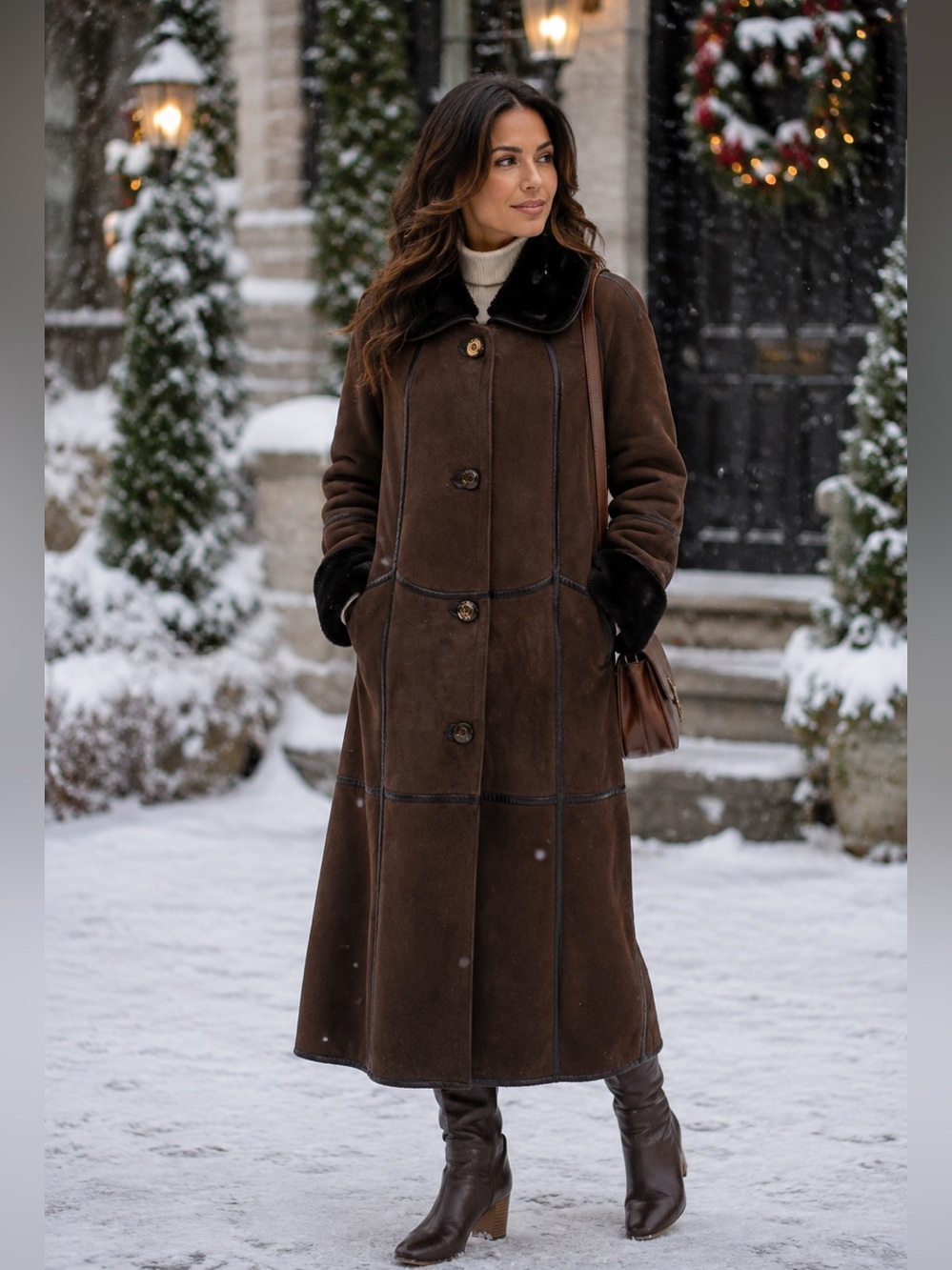 Top Design Genuine Leather & Shearling Brown Long Maxi Coat Women’s XL